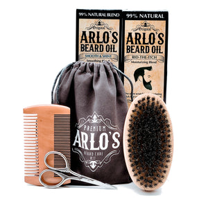 Arlo's 6-PC Mens Beard Grooming Set with Rid the Itch and Smooth and Shiny Beard Oils, Beard Brush, Beard Comb, Scissors, and Carrying Bag