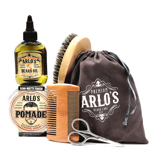 Arlo's 6-PC Mens Hair & Beard Grooming Set with Strong Pomade, Pro-Growth Beard Oil, Beard Brush, Beard Comb, Scissors, and Carrying Bag