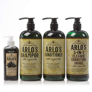 Arlo's Men's Complete Hair & Face 4 Piece Set- Castor Oil Hair Shampoo 33oz, Castor Oil Hair Conditioner 33oz, 3-in-1 Cleanse Condition Shave 33oz & Charcoal Facial Cleanser 5.7oz
