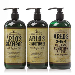 Arlo's Castor Oil Shampoo,Conditioner, and Arlo's 3-in-1 Shampoo/Conditioner/Shave with Argan Oil 3-PC SET 33.8 oz. Bottles