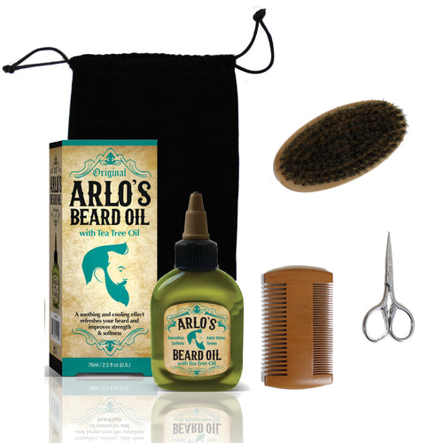 Arlo's 5-PC Mens Premium Beard Grooming Kit w/ Tea Tree Beard Oil 2.5oz -Beard Oil, Beard Brush, Beard Comb, Beard Scissors & Carry Bag
